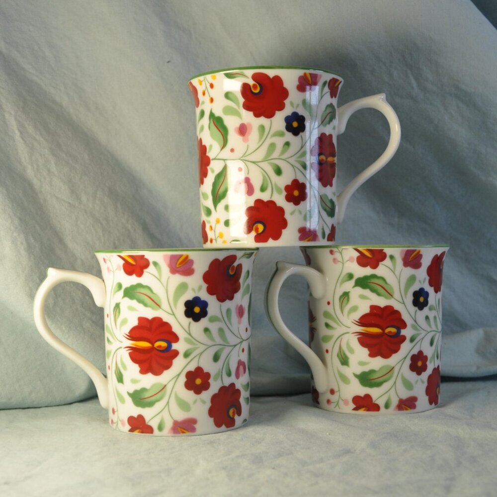 FOUR 10 oz mugs Dayton Hudson & Marshall Field vintage 1994 red floral (w1181)